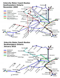 Intercity Motor Coach routes in Ontario in 2009 and 2015.